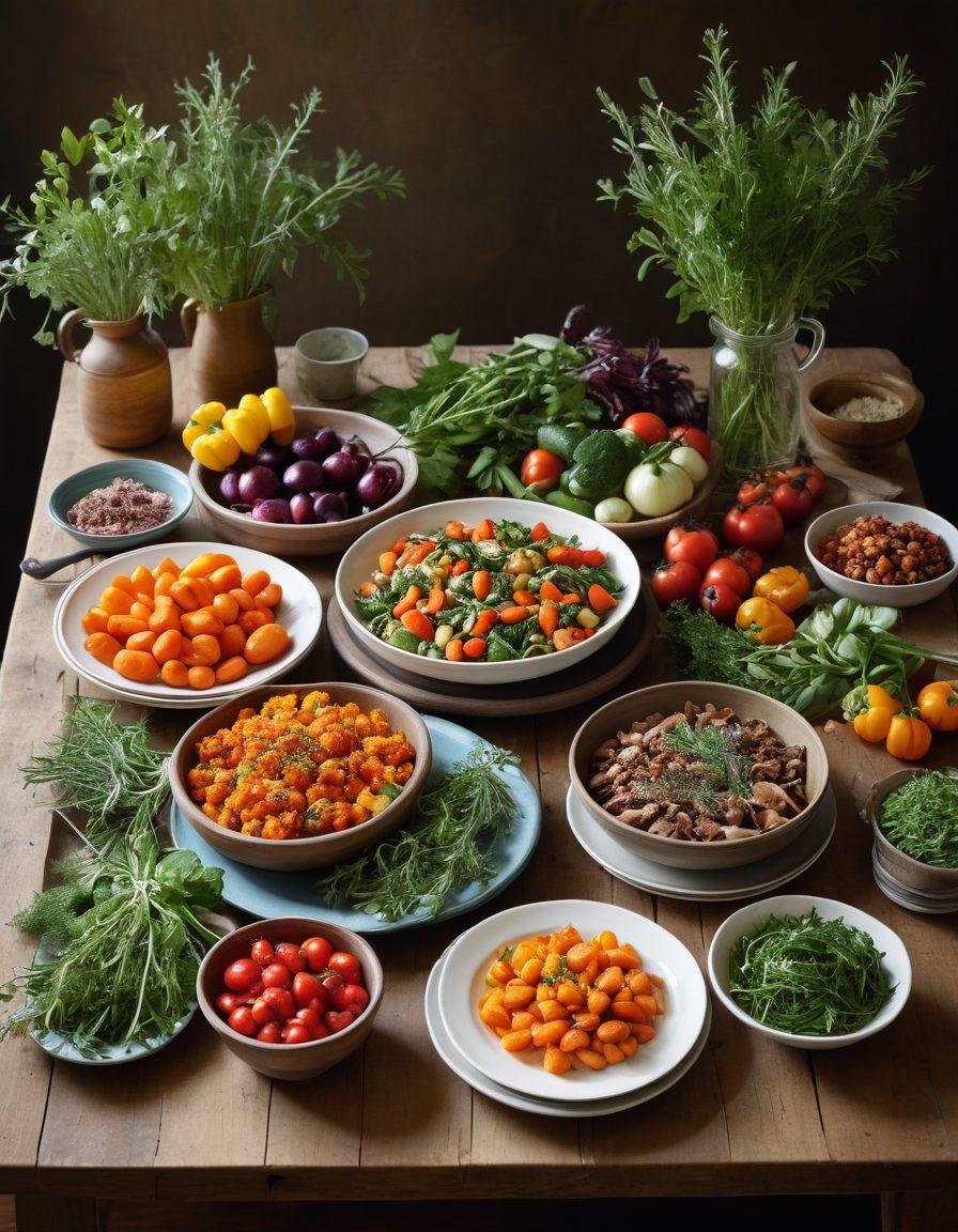 A beautifully arranged table showcasing an array of seasonal ingredients like vibrant vegetables, fresh herbs, and specialty local foods, complemented by gourmet meal preparations on elegant plates. Soft natural lighting enhances the colors and textures, inviting the viewer to explore culinary creativity. The background includes a rustic kitchen setting featuring cooking utensils and a chalkboard with seasonal menu ideas. super-realistic. vibrant colors. warm lighting.