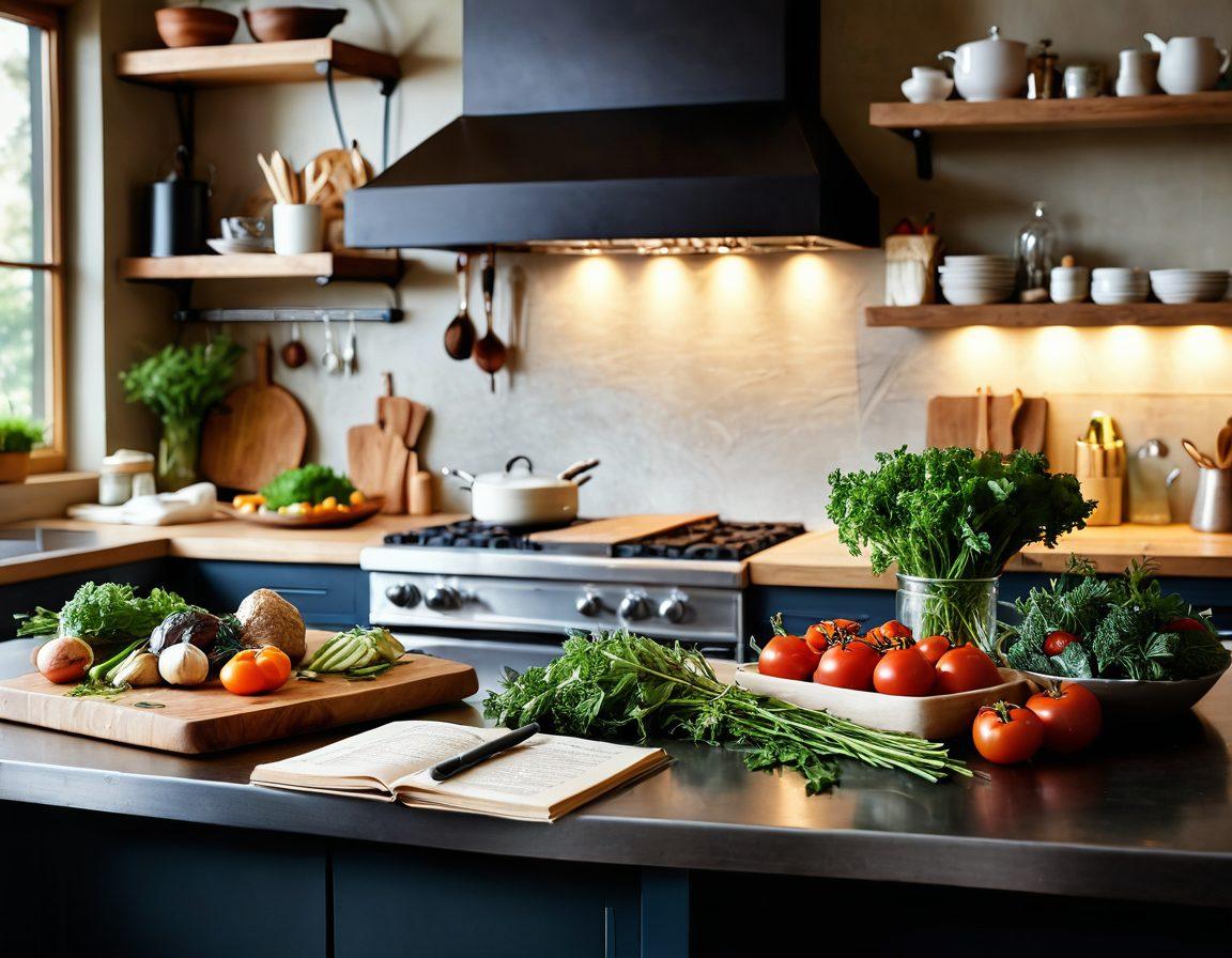 A beautifully arranged kitchen countertop showcasing gourmet cooking ingredients like fresh herbs, vibrant vegetables, and elegant utensils. In the background, a cookbook is opened to a stunning recipe page. A soft diffused light is illuminating the scene, evoking a warm and inviting ambiance. A chef’s hat and apron are elegantly draped nearby, hinting at culinary creativity. super-realistic. vibrant colors. soft lighting.