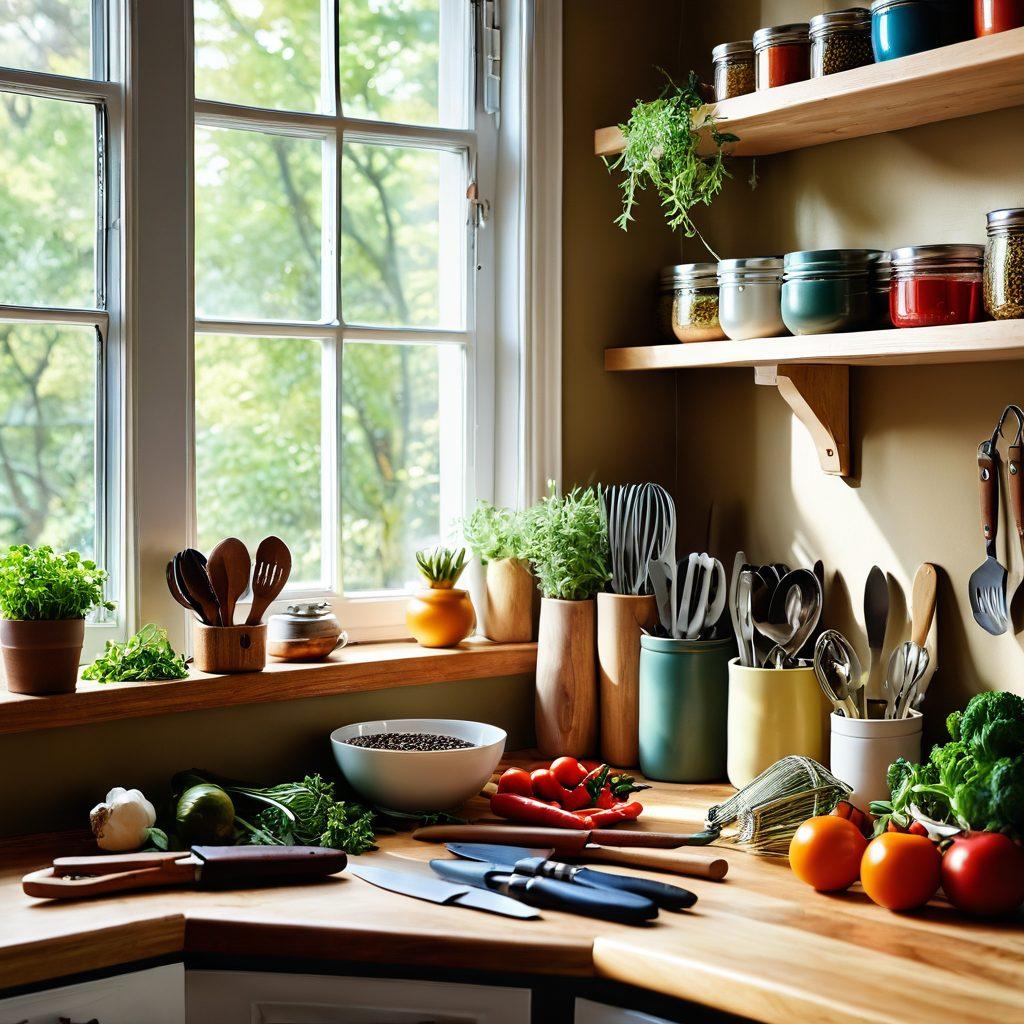 A vibrant kitchen scene featuring an array of essential cooking tools, like elegant knives, measuring cups, and colorful utensils, arranged on a beautiful wooden countertop. Fresh ingredients like herbs, vegetables, and spices scattered artistically around. A well-organized spice rack in the background and a warm sunlight streaming through a window, adding a cozy atmosphere. super-realistic. vibrant colors. warm tones.